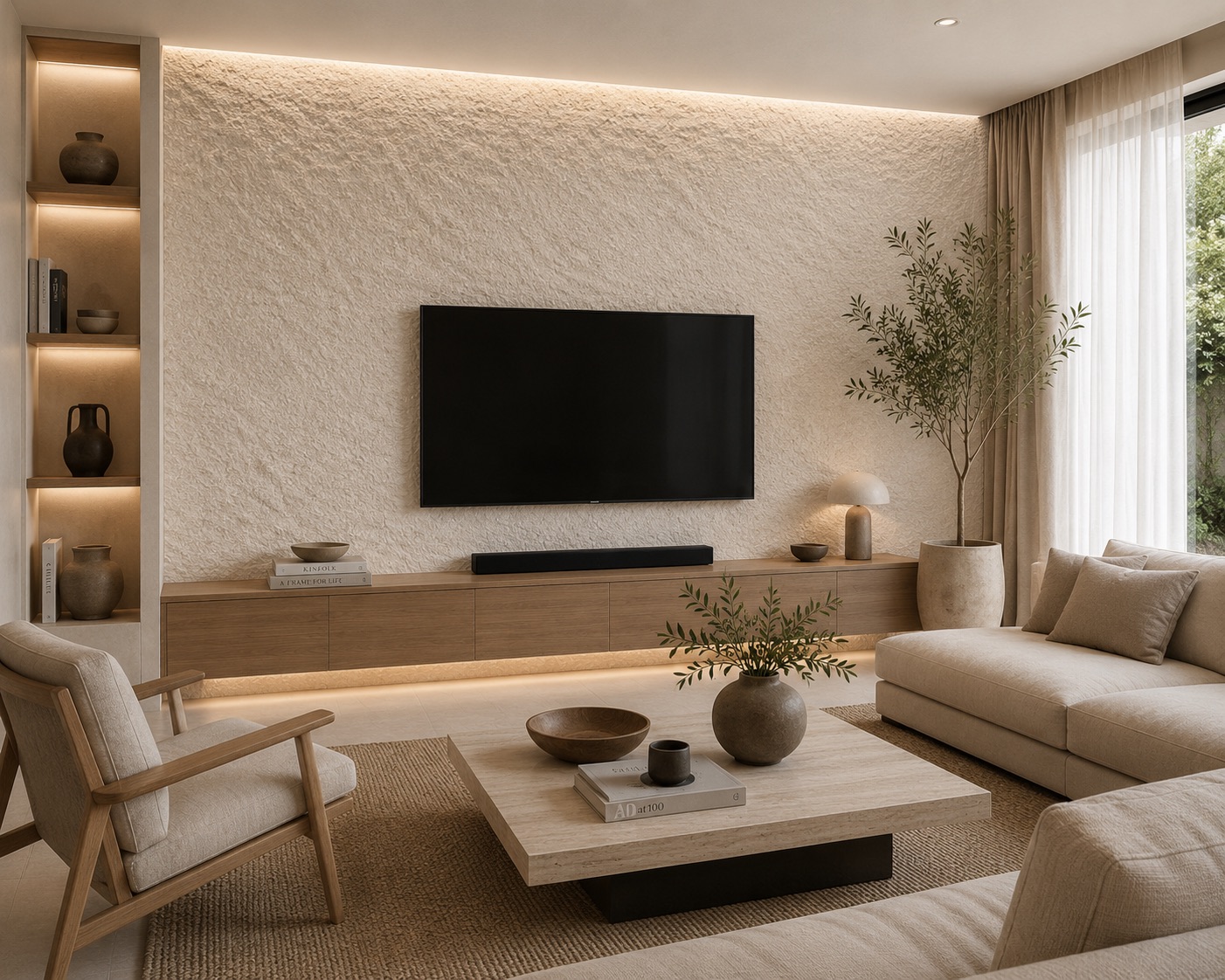 Salón cálido revestido con placa decorativa Piedra Granito Beige