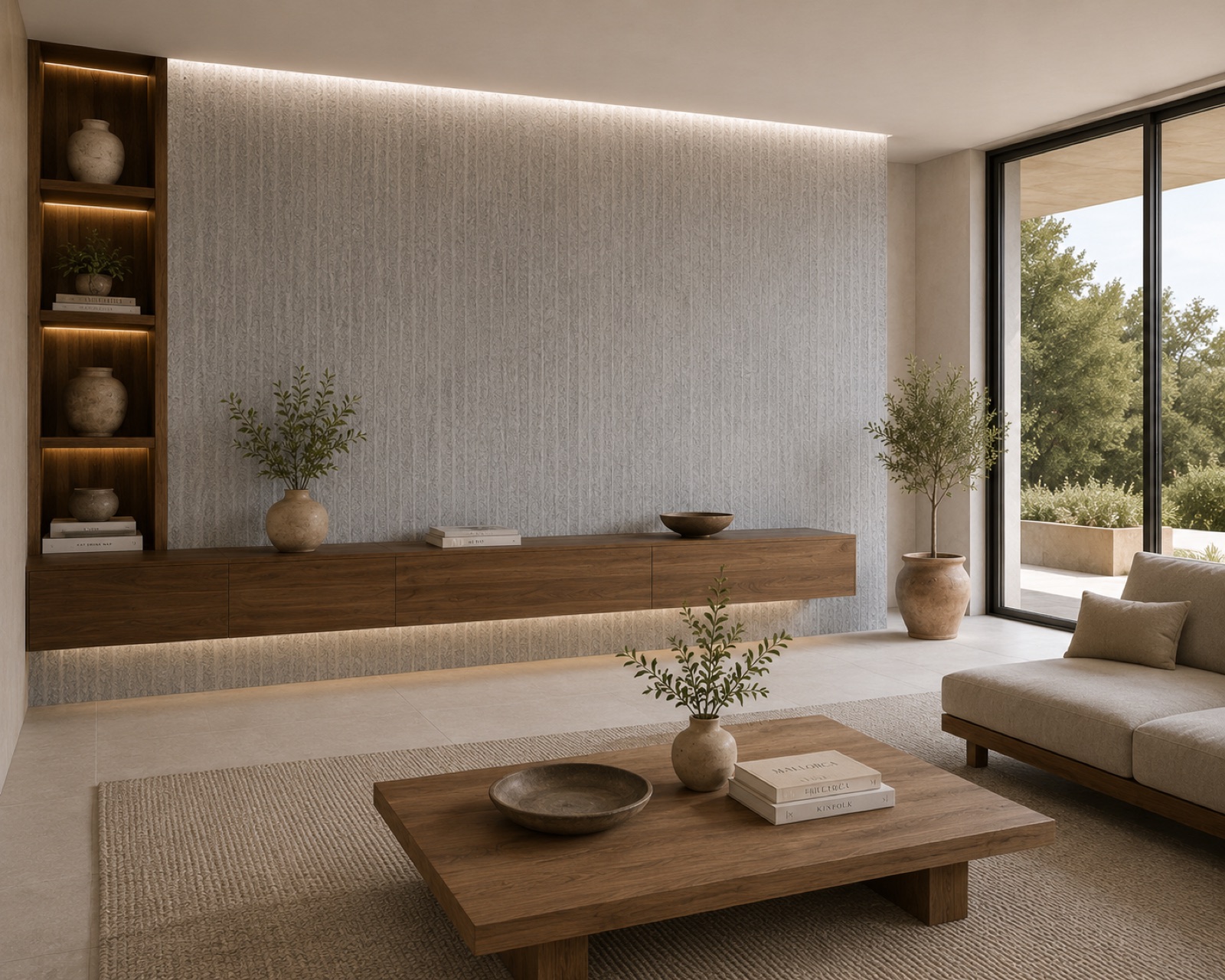 Salón escultórico revestido con Piedra Fina Gris
