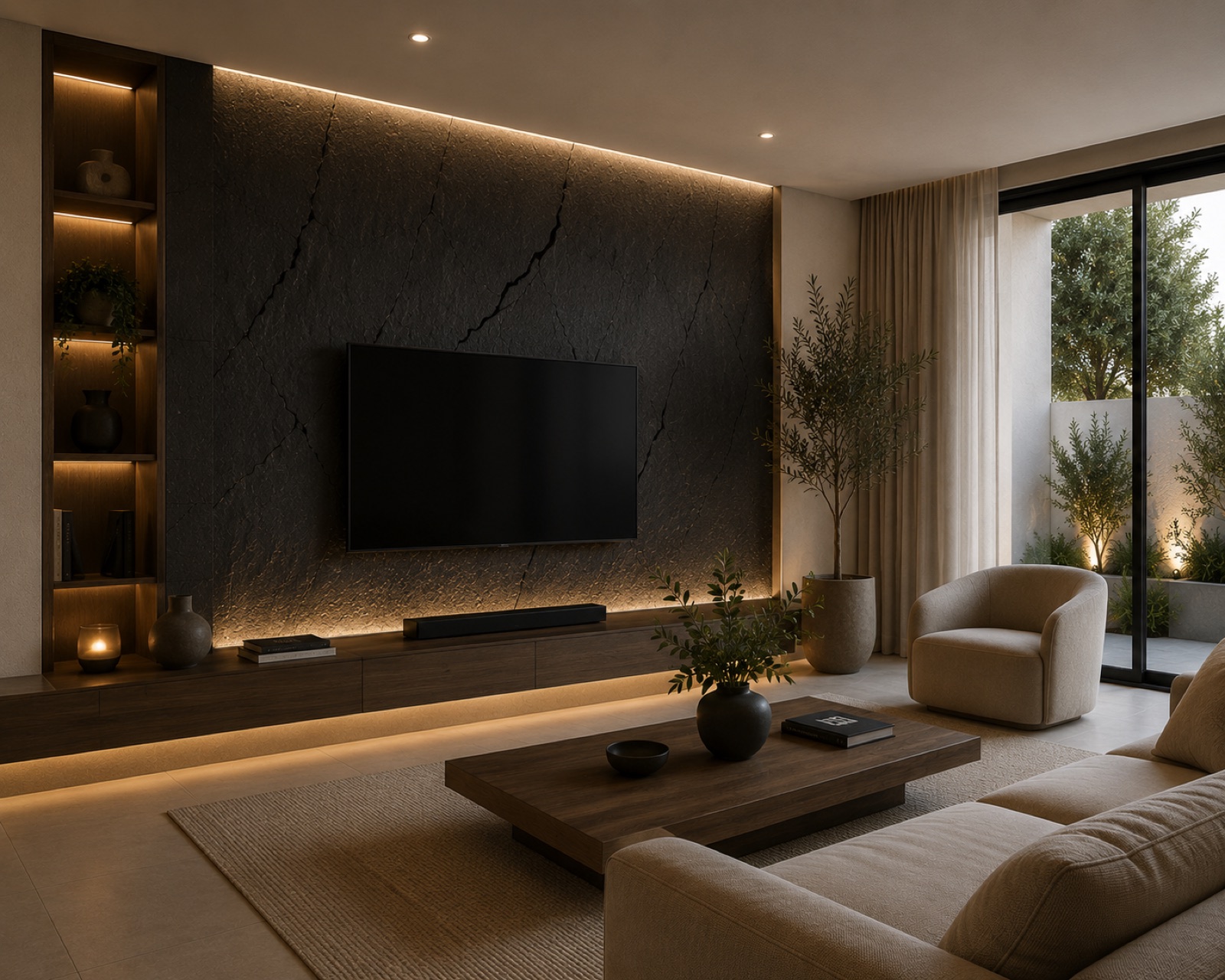 Salón escultórico con pared de Yeso Negro Salón escultórico con pared de Yeso Negro